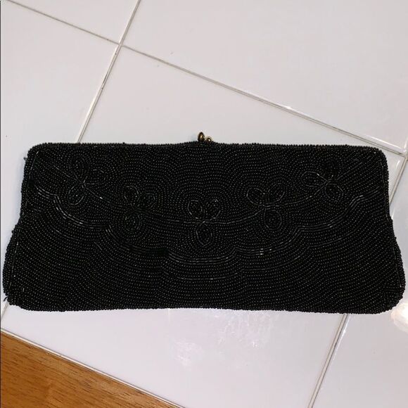 Vtg Walborg black beaded evening bag/mirror & coin purse - Picture 4 of 8